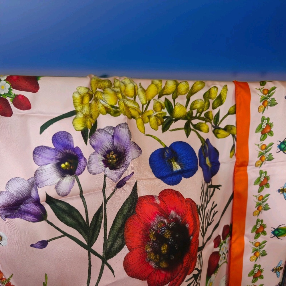 Texas wildflower Silk scarf, bluebonnet Bug Botanical Pink orange Souvenir Large - Picture 7 of 10